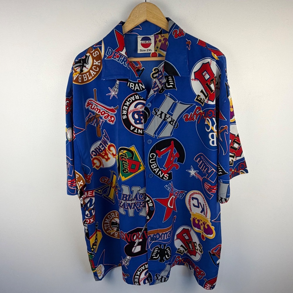 J-HEAD Negro League Baseball Teams Logo Print Button Down Shirt Blue 2XL